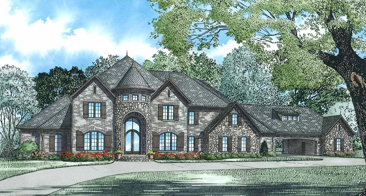 What type of roofing does this home plan have in the photo?